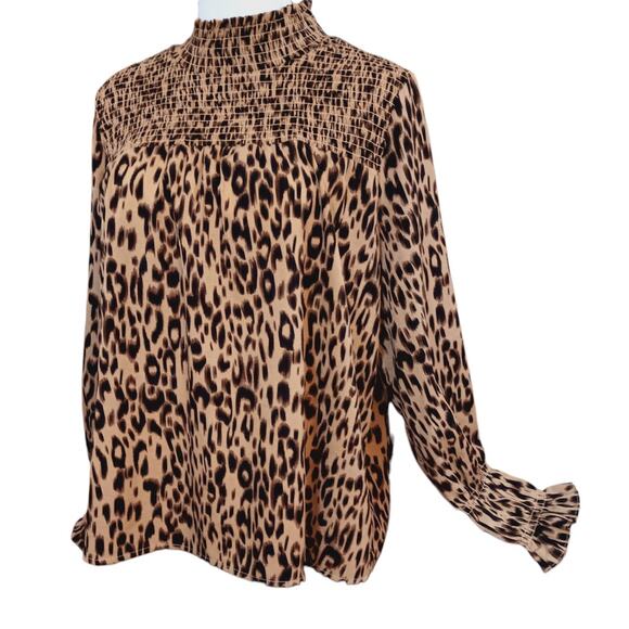THML Anthropologie High Neck Smocked Blouse Top Large Animal Print Flowy Career - Picture 1 of 8